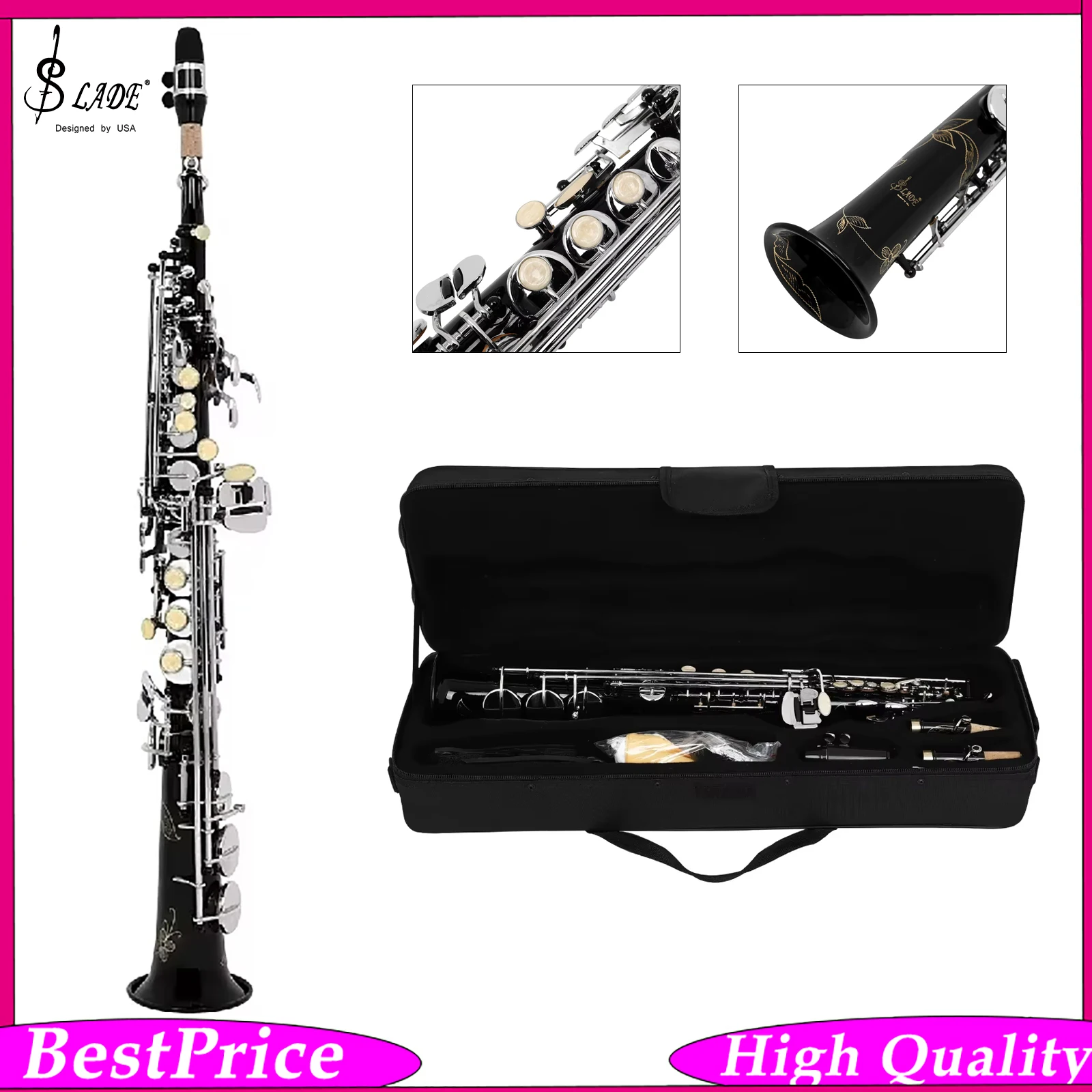 SLADE Soprano Saxophone Eb Hand Carved Brass Straight White Black Shell Musical Instrument for Band Performance Stage Practice