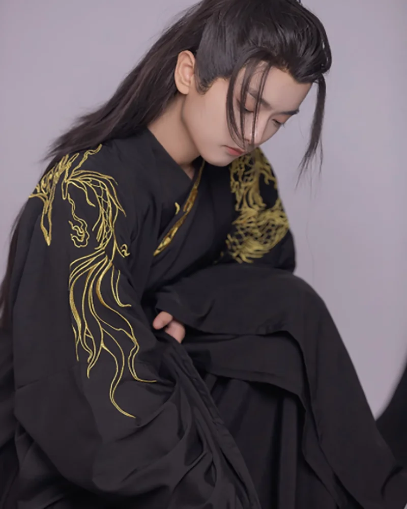 Hanfu-Disfraz de Cosplay tradicional chino para hombre, conjuntos antiguos de Hanfu, disfraz de Halloween para hombre, Hanfu negro, conjuntos de 3 uds de talla grande 2XL