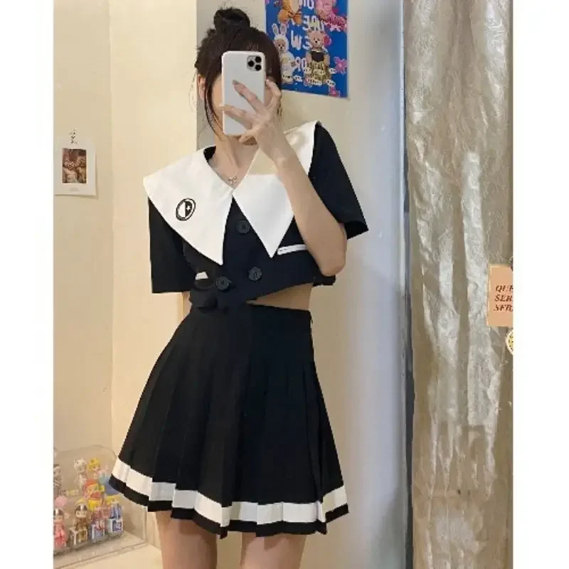 2024 New Sweet Women Sets Preppy Style Summer Double Breasted Blouse and High Waist Pleated Skirt Japanese Style Jk Set