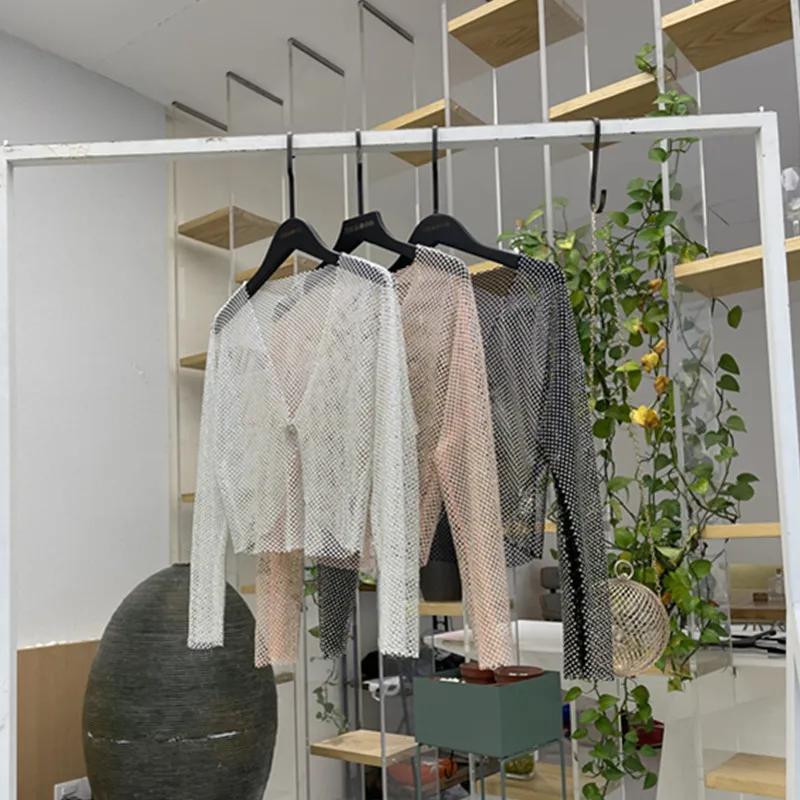 

Модный женский топ Yanie с бриллиантовой отделкой, прозрачный, полностью усыпанный стразами, с длинными рукавами