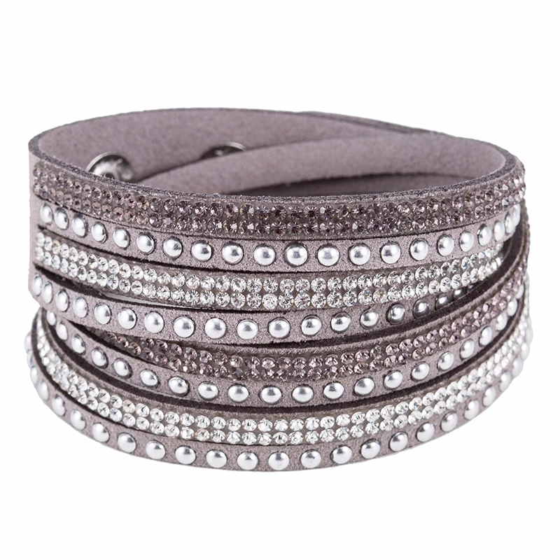 Classic Multilayer Leather Bracelet For Women Rhinestone Paved Wide Wrap Velvet Adjustable Button Wrist Bracelet Femme Jewelry