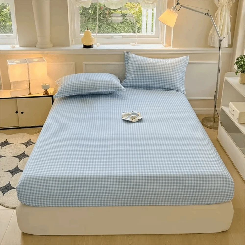 

Practical All Inclusive Single Plaid Mattress Cover Non Slip Skin-friendly Bed Sheet Rustic Style Elastic Band Bed Cover Bedroom