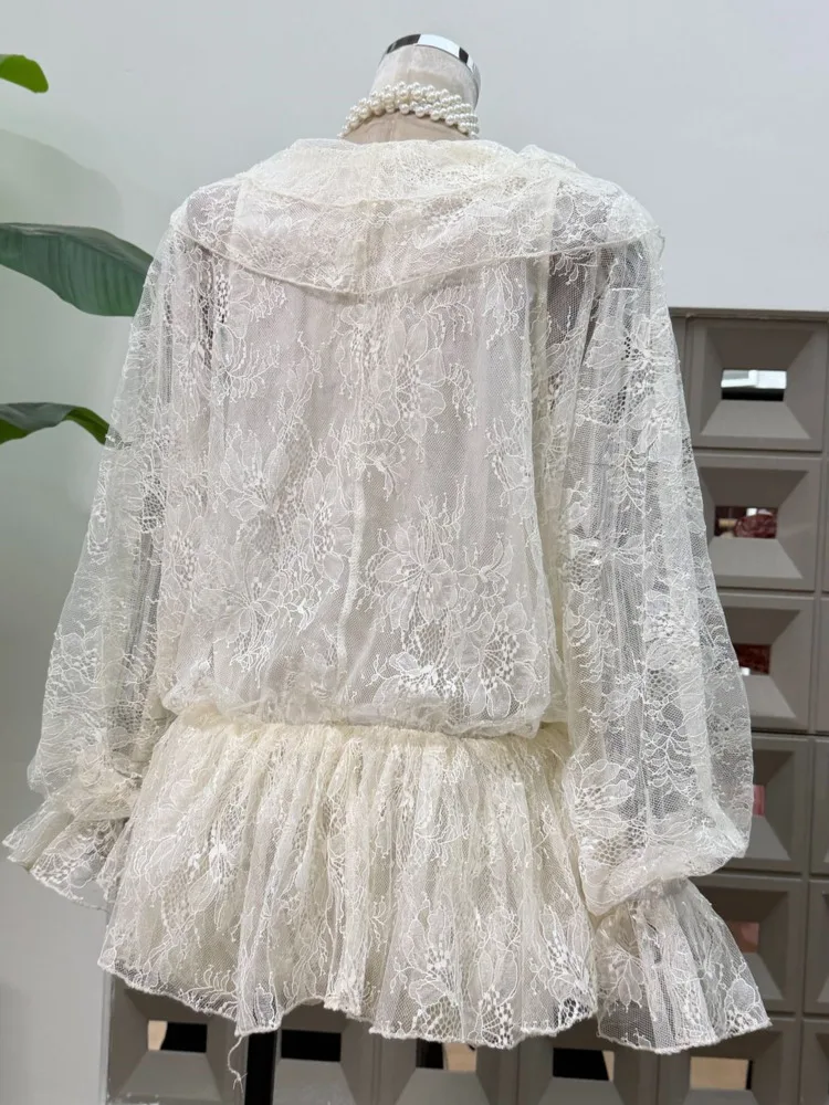 DFDG 025 فستان نسائي مصمم بأكمام طويلة من الدانتيل فستان شفاف مكشكش مرقع للربيع والصيف فستان أنيق عصري #3