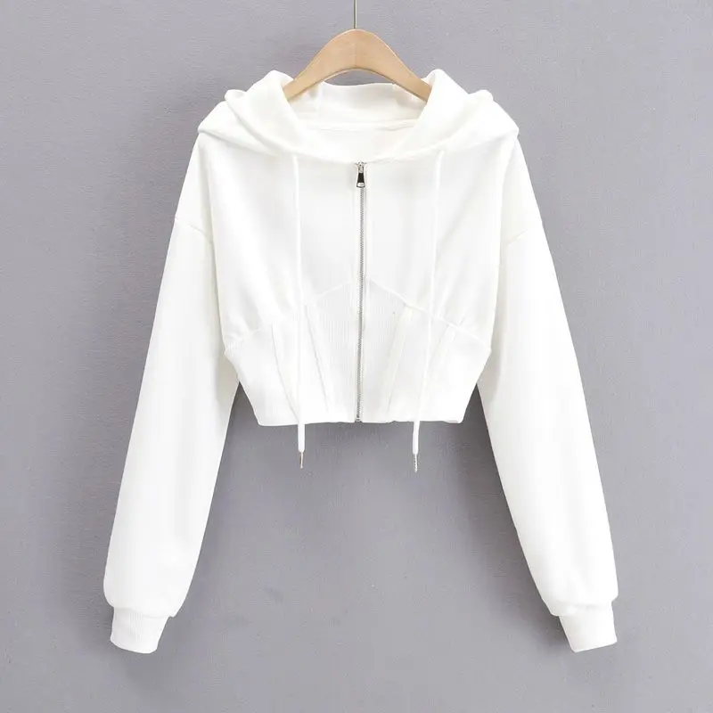 White Zip Up Hooded Sweatshirt Drawstring Corset Waist Drop Shoulder Long Sleeve Cropped Jacket