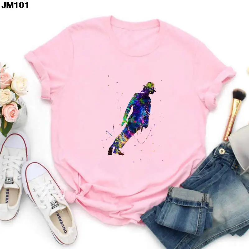 King Of Music Pop Michael Jackson Printed T-shirt Summer Women Short Sleeve T Shirt Harajuku Fashion Pink Female Clothing Tshirt