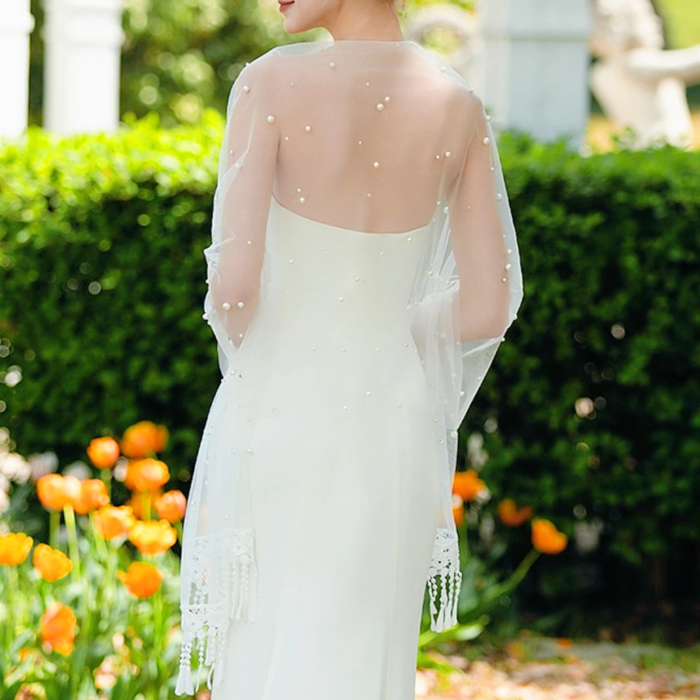 قبعات زفاف لؤلؤ فاخرة مع شرابات مطرزة للعرائس شال بوليرو مغطى لفستان الحفلات وإكسسوارات الزفاف والحفلات المسائية