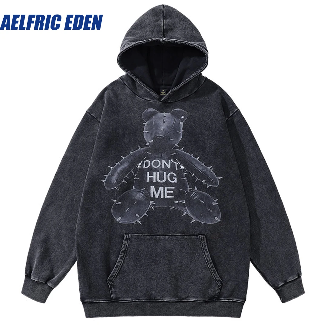 

Aelfric Eden Bear Graphic Print Oversized Hooded Y2K Hip Hop Sweatshirt Harajuku Vintage Hoodie Punk Loose Washed Pullover Tops