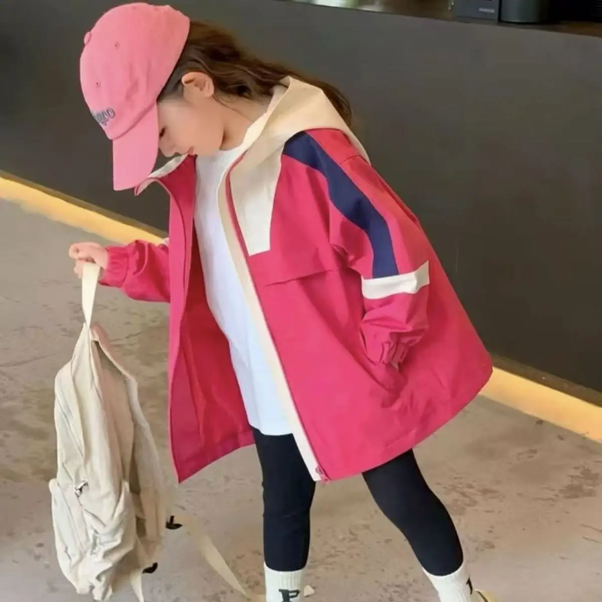 

Girls Spring Autumn Jacket Fashion New Style Children's Color Block Casual Hooded Windbreaker Coat for Kids