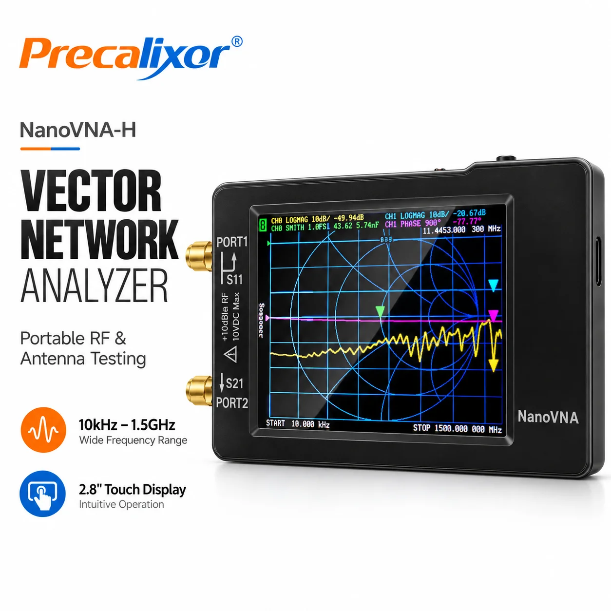 NanoVNA-H Vector Network Analyzer 9KHz -1.5GHz Latest HW V3.7 HF VHF UHF Antenna Analyzer, Measuring S Parameters, SWR, Phase