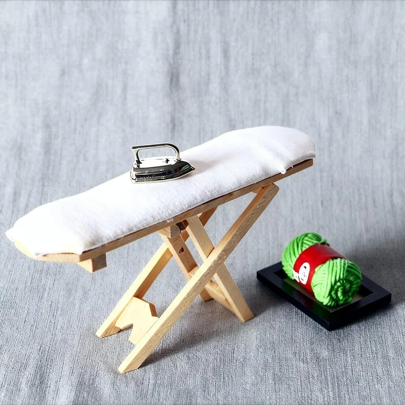 Simulated Dollhouse Miniature Wooden Ironing Board Table Metal Resin Dollhouse Miniature Furniture