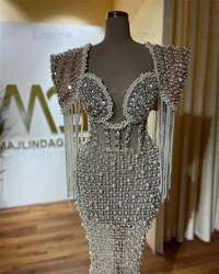 2024 Aso Ebi Full Pearls Mermaid Prom Dresses Beading Cape Sleeve Evening Party 50th Birthday Engagement Gowns Robe De Soiree