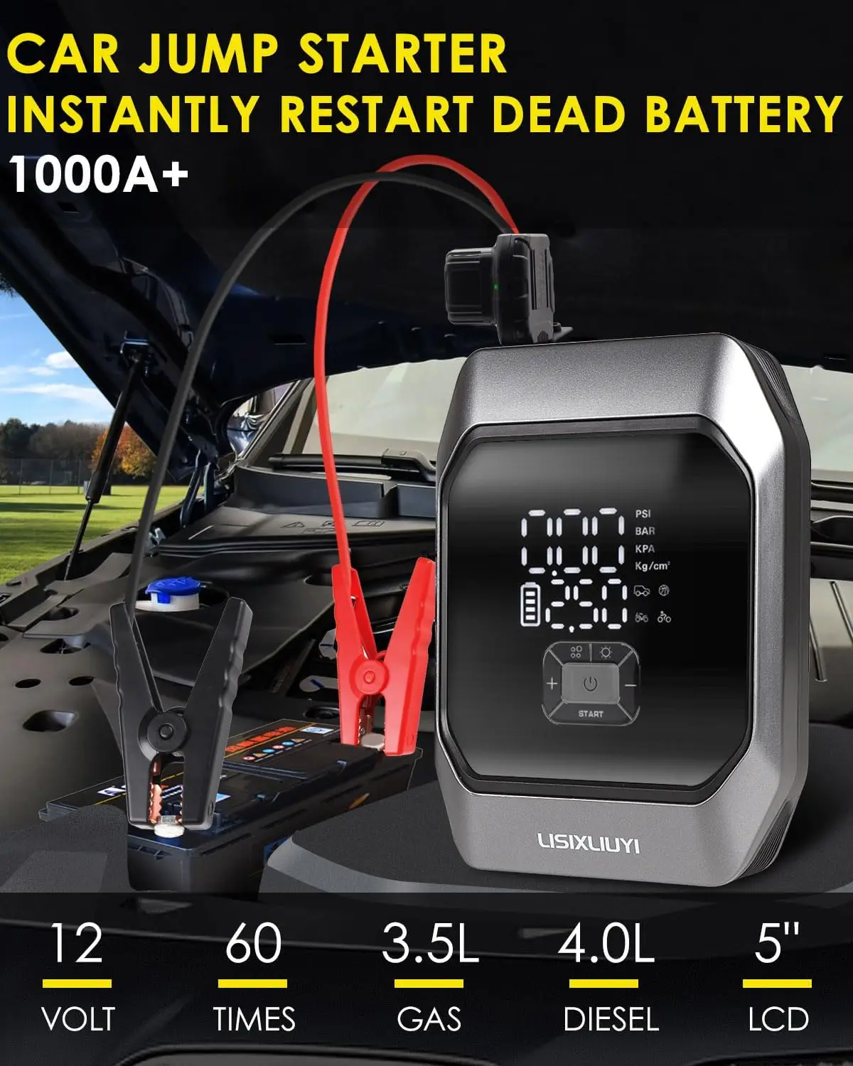 Car Jump Starter with Air Compressor 12V Auto Battery Booster Pack Jump Box 1000A Peak Portable Car Battery Charger for Car