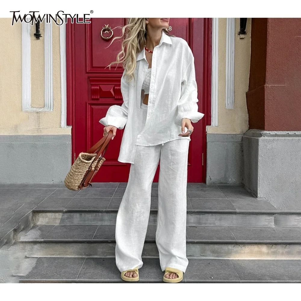 TWOTWINSTYLE Solid Loose Two Piece Set for Women Lapel Long Sleeve Blouse High Waist Pant Casual Sets Female Fashion