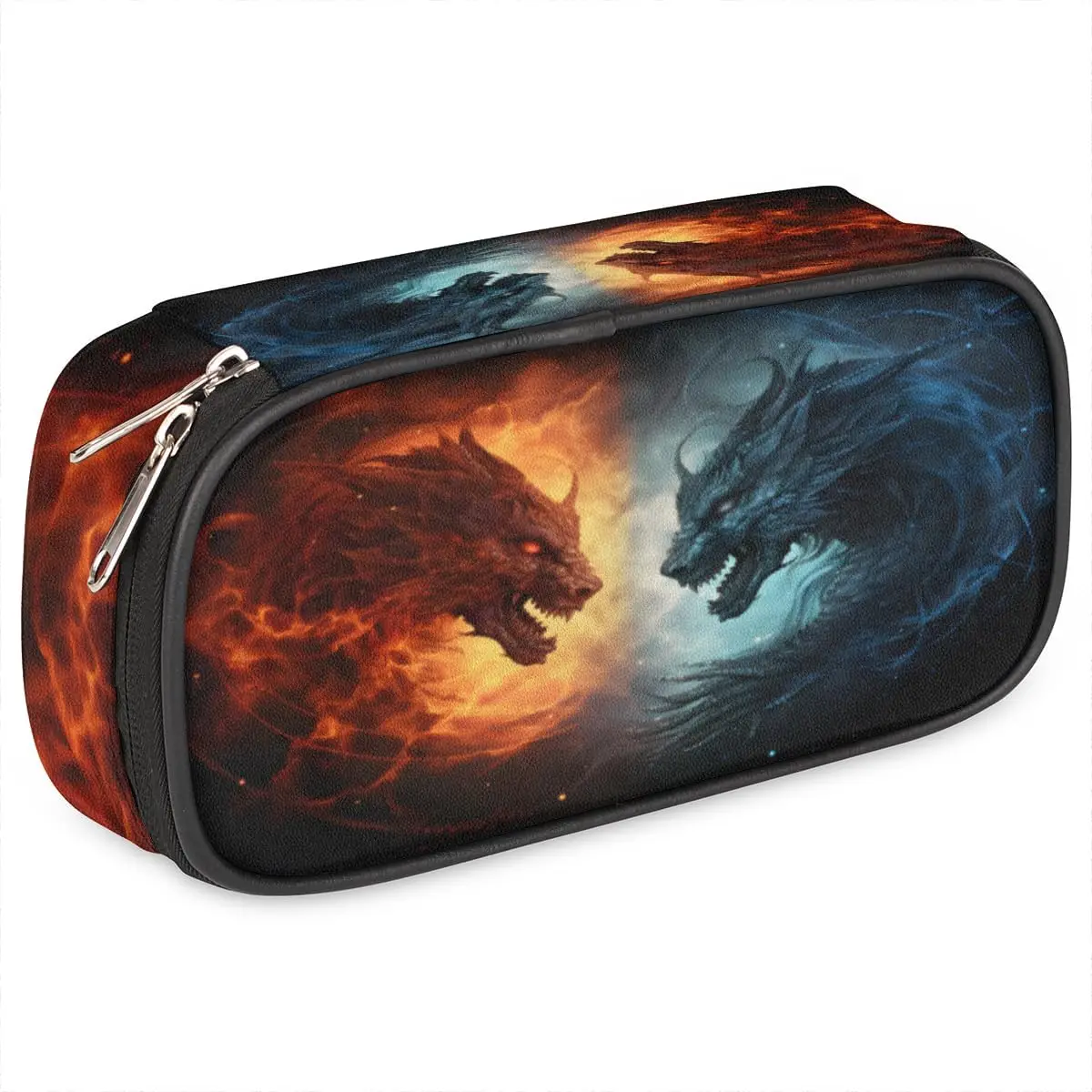 Fiery Dragon Leather Pencil Case Pen Holder Large Capacity Black Stationery Organizer Pencil Bag with Zipper for Boys Girls