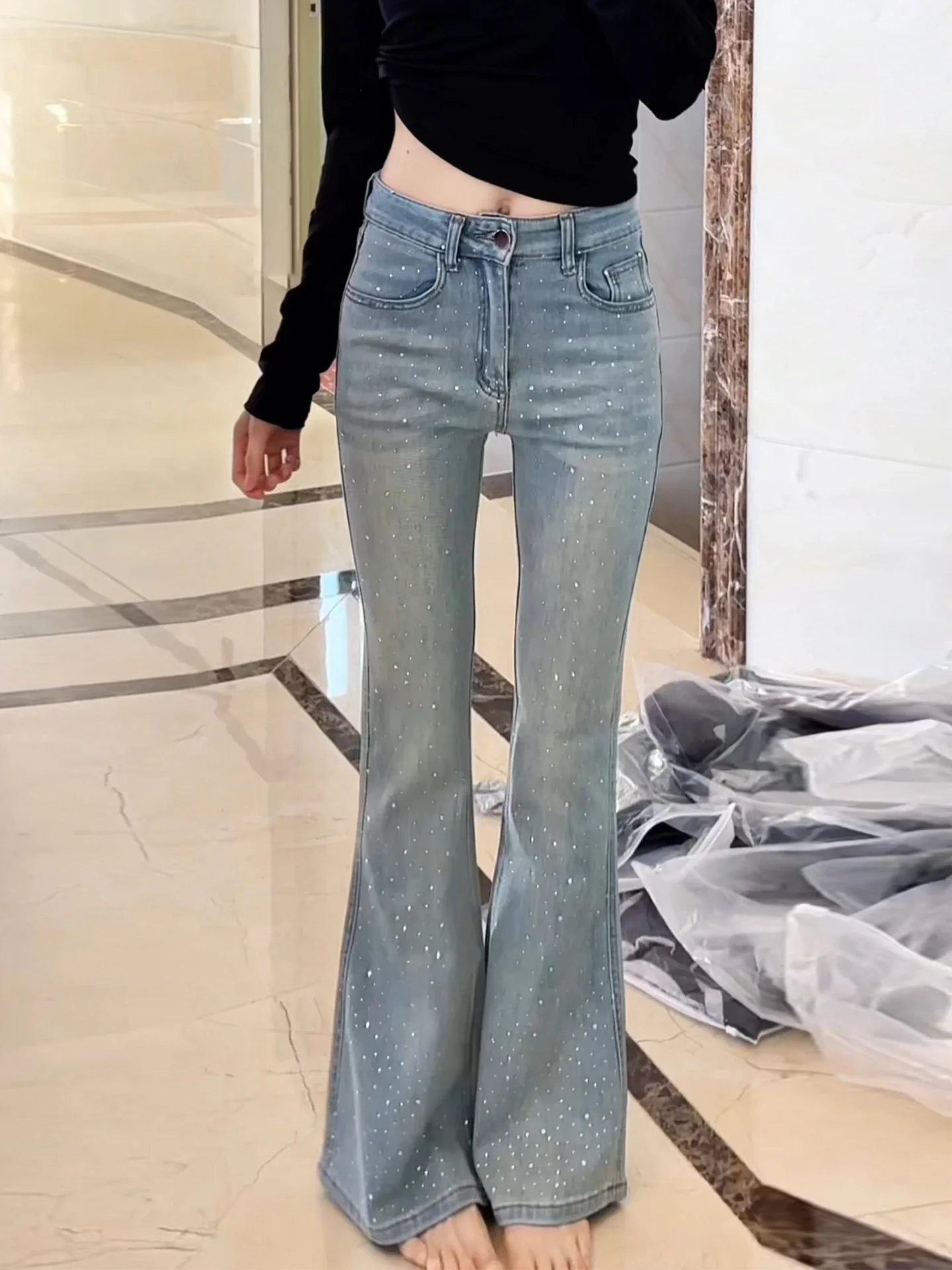 

Летние женские джинсы-клеш с высокой талией, синие, облегающие, длинные, однотонные, в сексуальном стиле, весна-лето 2026