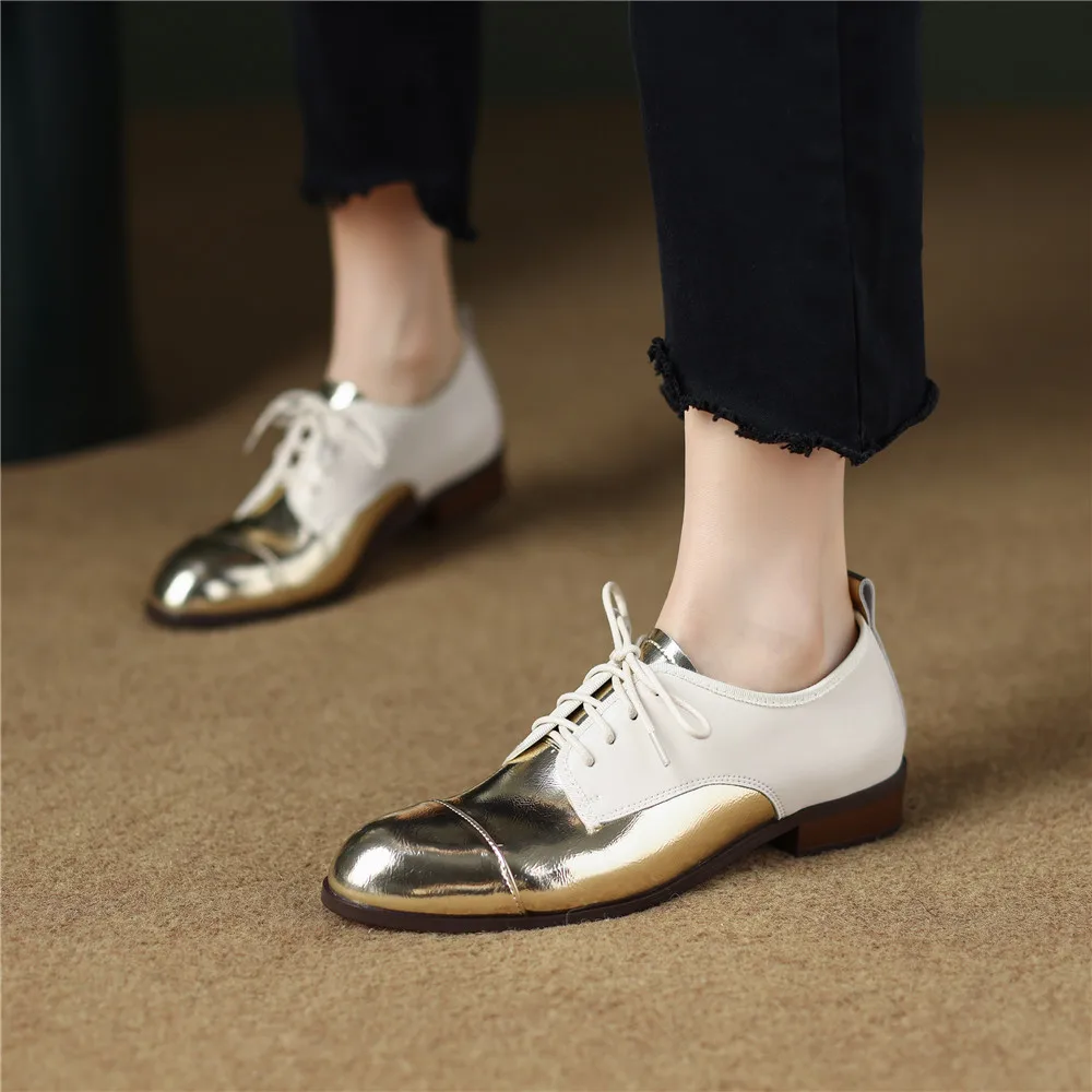 MILI-MIYA Fashion Classic Brogue Shoes Women Metal Cow Leather Pumps Mixed Color Comfortable Lace Up Big Size 34-40 For Ladies