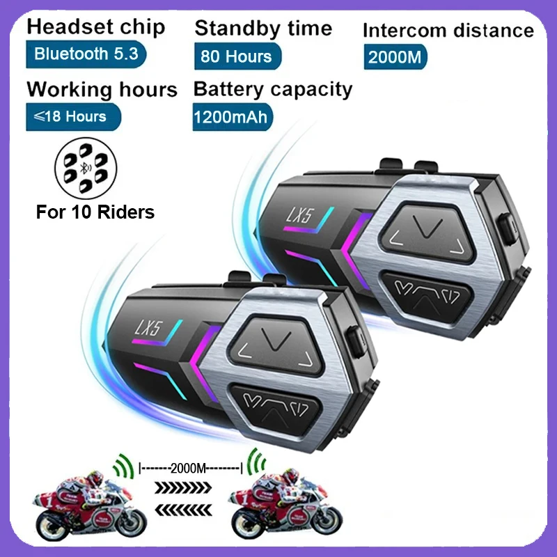 LX5 Motorcycle Intercom Bluetooth 5.3 helmet Headset Motorbike Intercom for 10 Riders 2000m Moto Group Waterproof Interphone