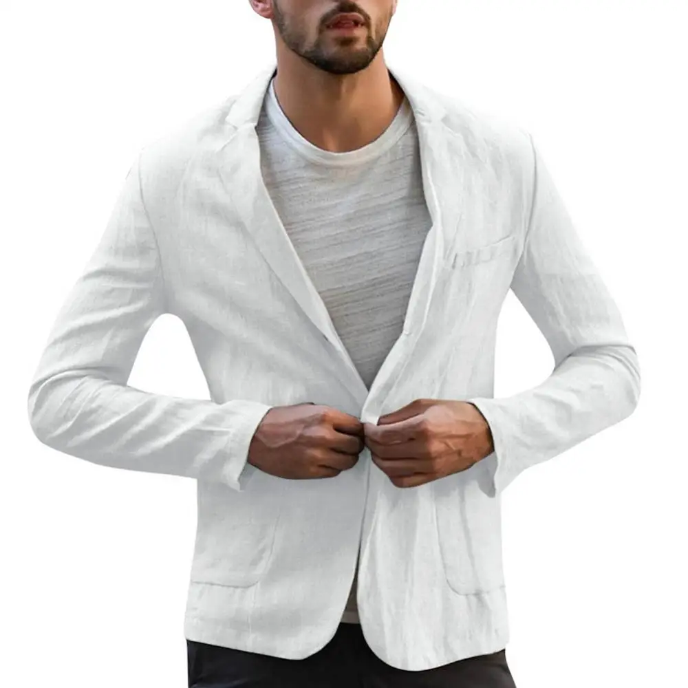 Einfarbiger männlicher Mantel Herbst blazer Männer schlanke Langarm taschen Jacke Baumwolle Leinen plus Größe Blazer Herren Hochzeit heiß 3xl