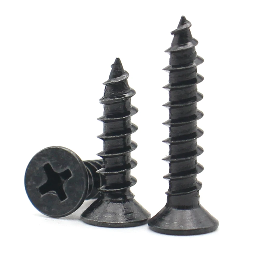 100 Stück M1 M1,2 M1,4 M1,5 M2 M2,6 M3 M3,5 M4 M5 schwarzer Kohlenstoffstahl Kreuzschlitz Senkkopf Flachkopf selbstschneidende Schraube