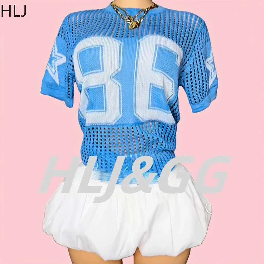 

HLJ&GG Fashion Patchwork Mesh Hollow Out Tshirts Two Piece Sets Women Loose Top And Bubble Mini Skirts Outfit Y2K Streetwear New