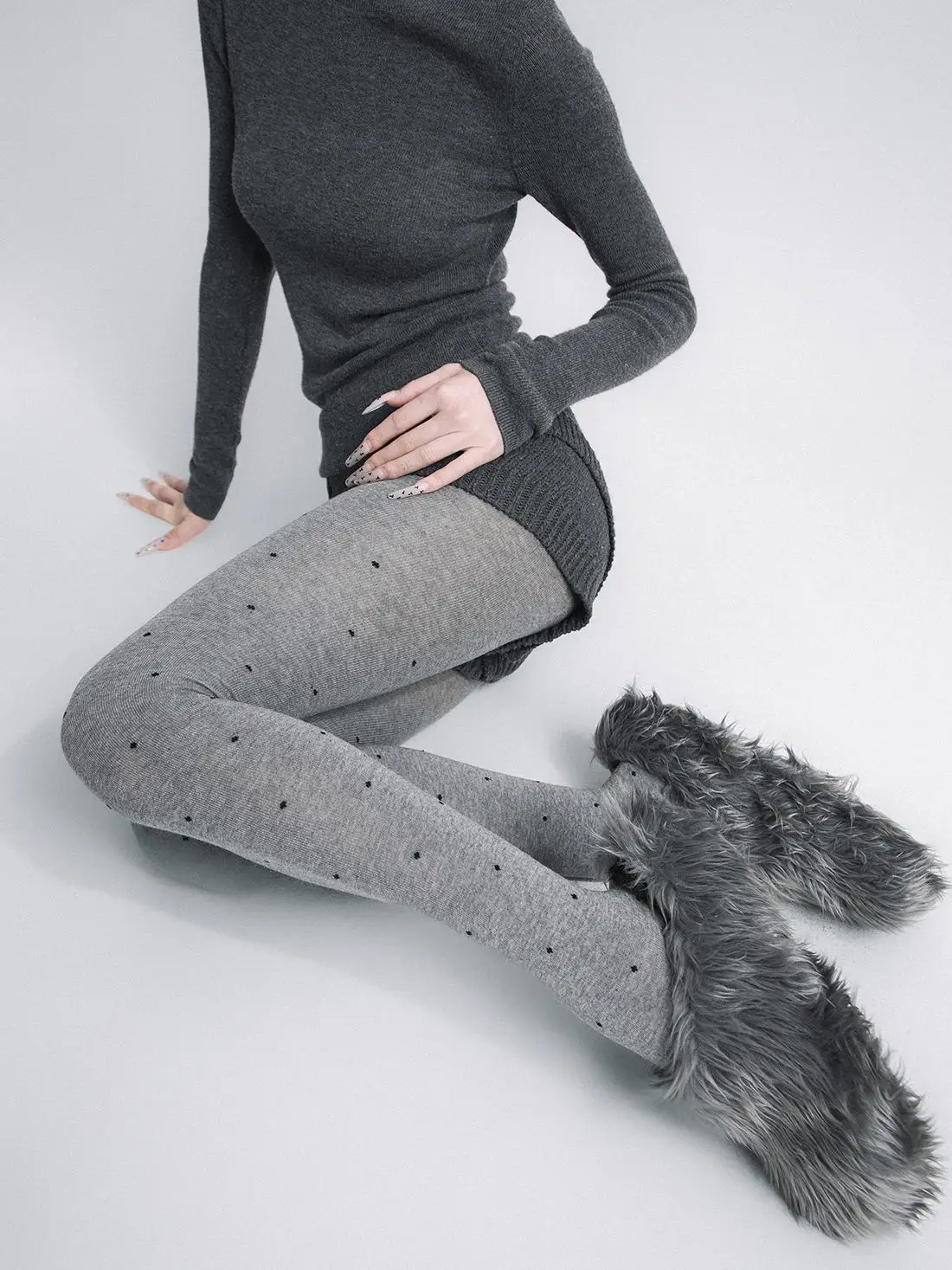 Women Polka Dot Knit Tights Burgundy Light Gray Dark Gray Warm High Waist Footed Pantyhose Y2K Stockings for Fall Winter Outfits