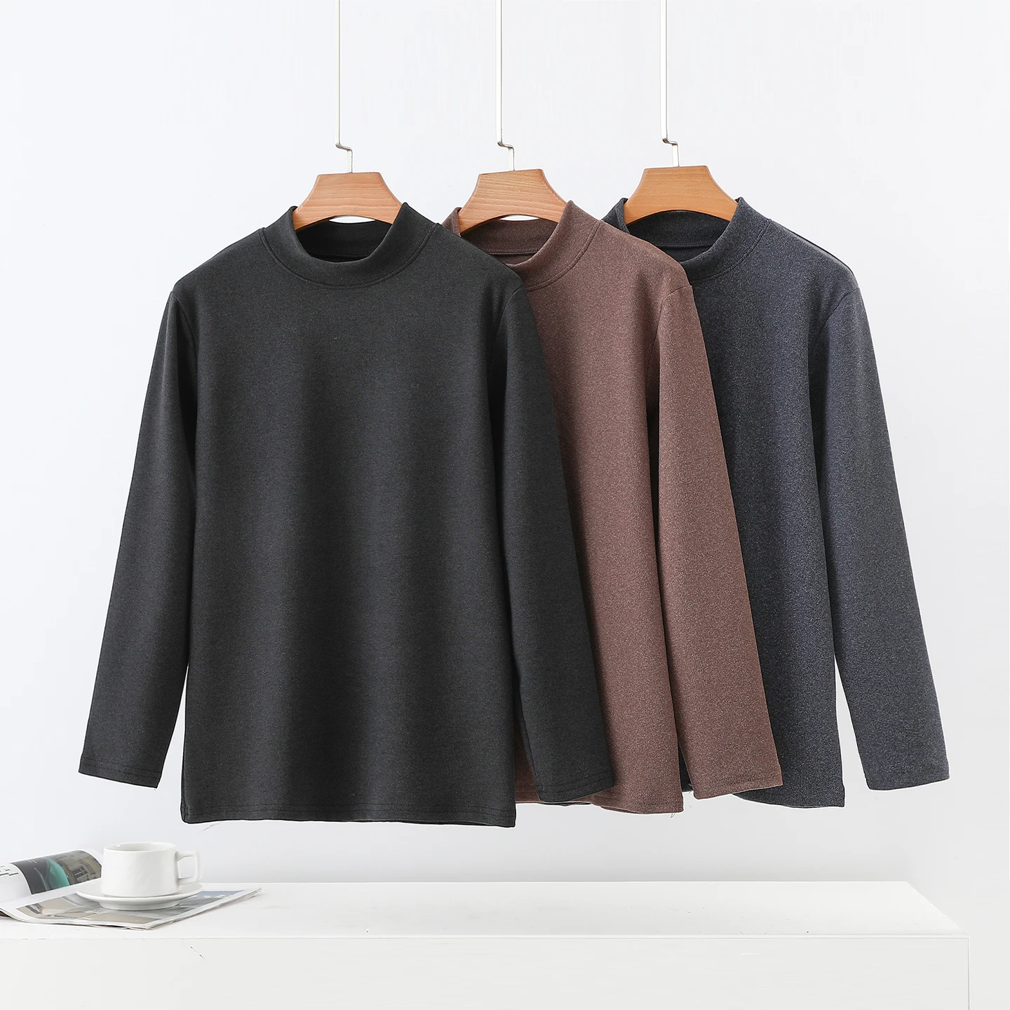 Thickened Fleece Warm Long Sleeve Base Shirt for Men Winter Casual Style Pure Color T-Shirt Extra Large Size Outerwear Top