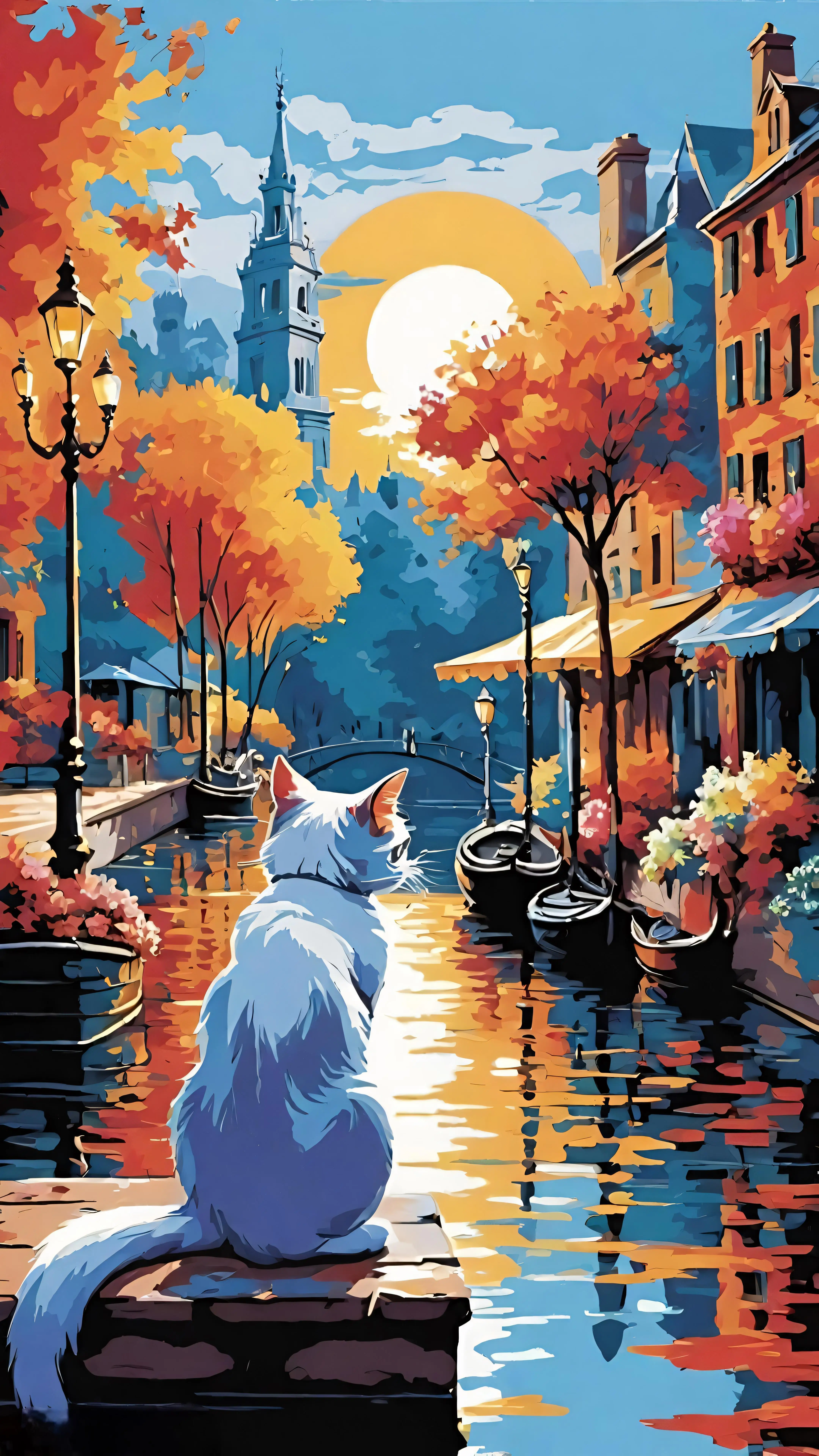 Cute Cat Sitting by Canal Wall Art Decor Aluminum Tin Sign Vintage Poster for Home Bar Cafe