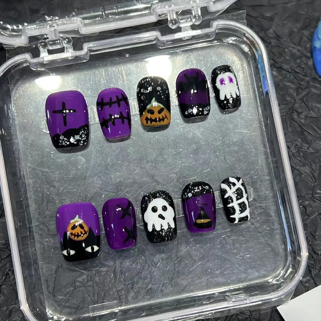 10 pçs artesanal halloween imprensa em unhas abóbora bruxa roxo curto remendo de unhas falsas dos desenhos animados fantasma halloween dicas de unhas falsas