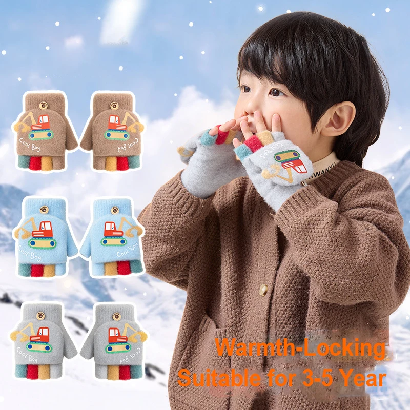Cartoon Excavator Kids Gloves Winter Warm Knit Toddler Mittens Cute Kindergarten Convertible Flip-Top Writing Gloves Age 3-5