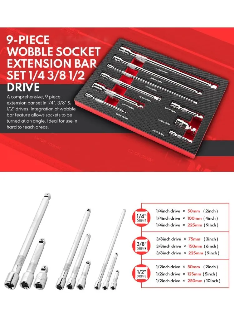 

9PCS Wobble Extension Set Socket Extensions Set Ratchet Extensions 1/4" 3/8" 1/2" Wobble Extension Length Bar Drive Socket