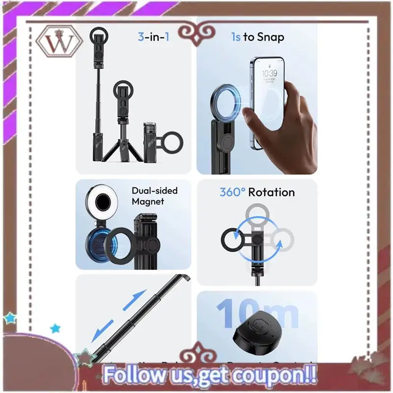 ABBG-New JJ03 حامل ثلاثي للهاتف المغناطيسي قبضة هاتف لاسلكية عصا سيلفي سطح المكتب حامل ثلاثي القوائم لهاتف آيفون 16 15 14 13 برو ماكس