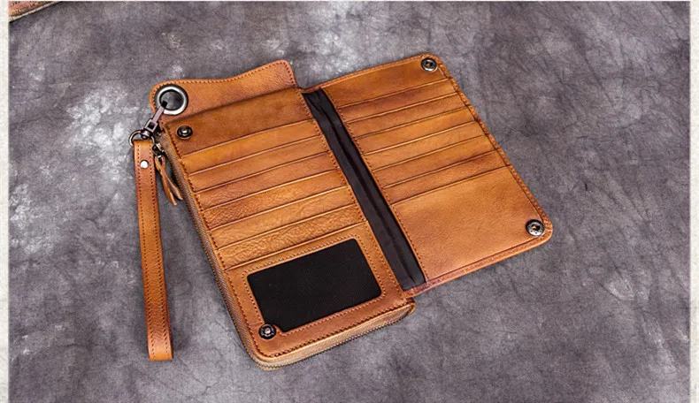Retro handmade Leather Men\'s wallet men first layer cowhide card holder long wallets male zipper purses simple thin 2020 new
