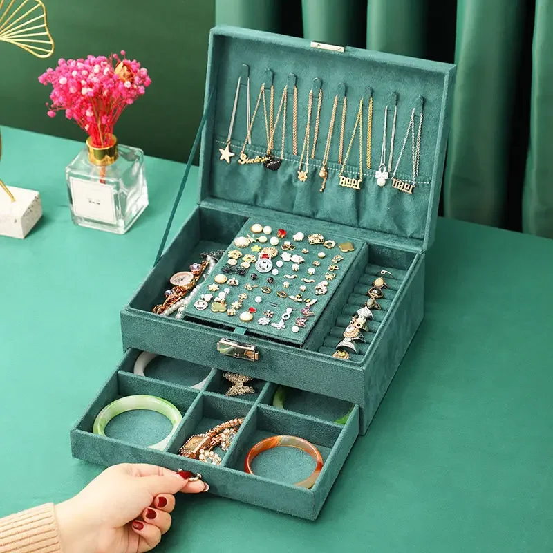 

Double Layer Flange Lock Jewelry Box, Earring and Earring Box, Hand Accessory Storage Box, Simple and Large Capacity