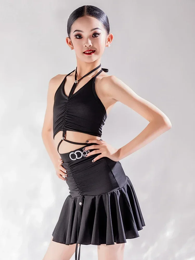 Costume de danse latine noir pour filles, vêtements d'entraînement d'été, robe de danse Salsa Rumba ChaCha, vêtements de Performance, jupe body