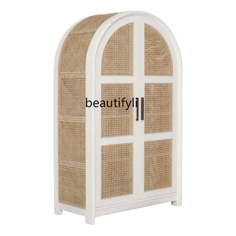 

American retro solid wood wardrobe Nordic double door rattan bed and breakfast locker arched cabinet