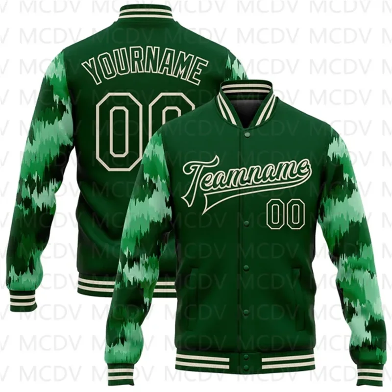 Custom Zwart Goud Vis Camo Mouwen 3d Patroon Ontwerp Bommenwerper Full-Snap Varsity Letterman Jas