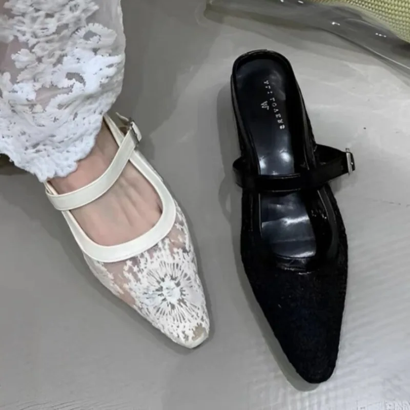 

Новинка 2023 года, французские сетчатые кружевные полутапочки для женщин, летняя уличная одежда, легкие дышащие туфли на открытом каблуке, большие размеры