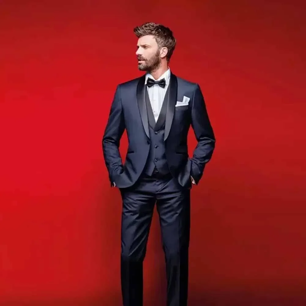 

Fashion Wedding Groom Navy Blue Men's 3 Piece Suits Luxury Shawl Lapel One Button Slim Fit Jacket Pants Vest Outfits Tailor Sets