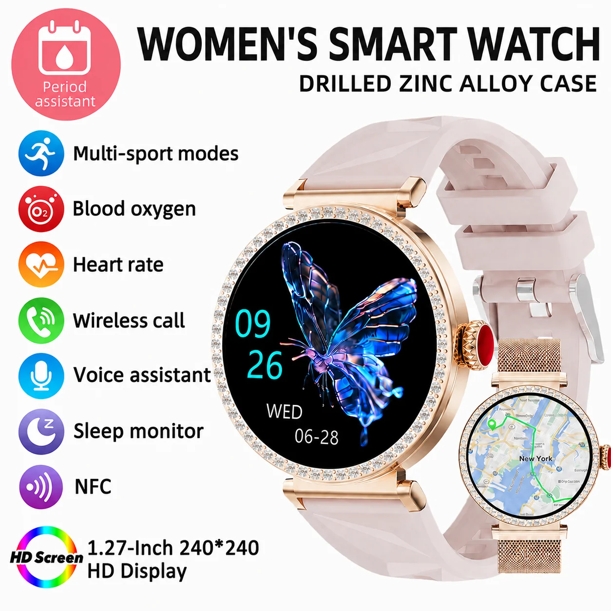 Relógio Inteligente Elegante para Mulheres com Bezel de Diamante, Chamada Sem Fio, NFC, Assistente de Ciclo Menstrual, Música, Esportes, Mostrador Per