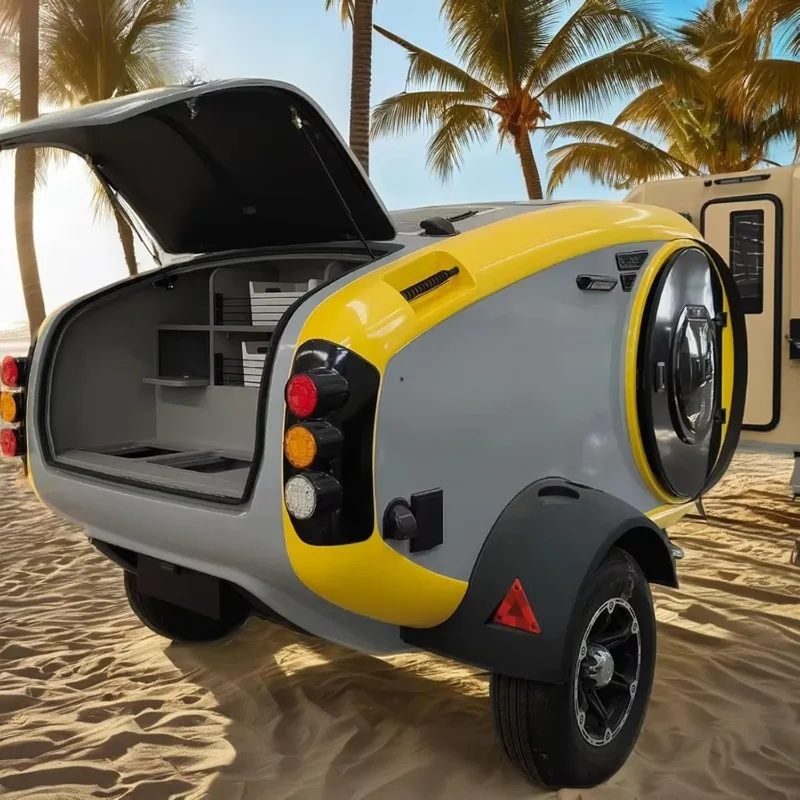 Towable Camper Trailer, Lightweight Compact Travel Trailer with Sleeping Area and Kitchen for Outdoor Adventure, Storage Trailer