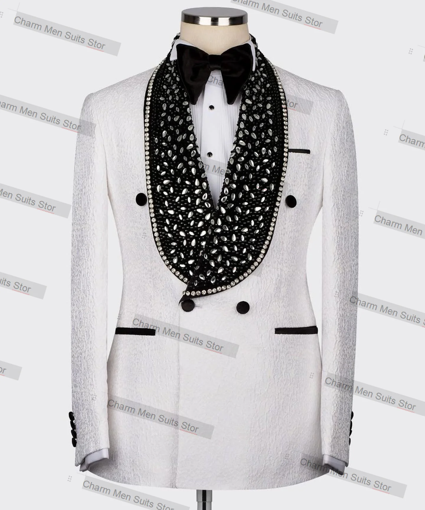 

Crystals Jacquard Men Suits Set 2 Piece White Blazer+Pants With Belt Custom Made Jacket Office Luxury Groom Wedding Tuxedo Coat