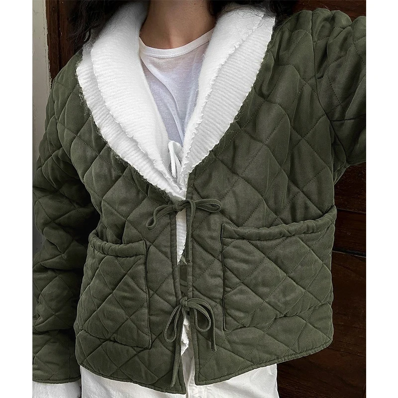 Women's Stylish Lace-Up Quilted Jacket New Arrival Round Neck Long Sleeve Warm Winter Coat With Pockets Woman Clothes