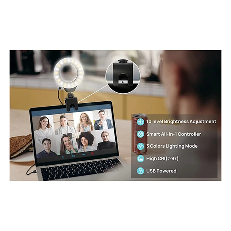 مصباح فيديو LED لصور السيلفي قابل للتعديل مع مشبك على الكمبيوتر المحمول للبث المباشر ودردشة مؤتمرات البث الذاتي