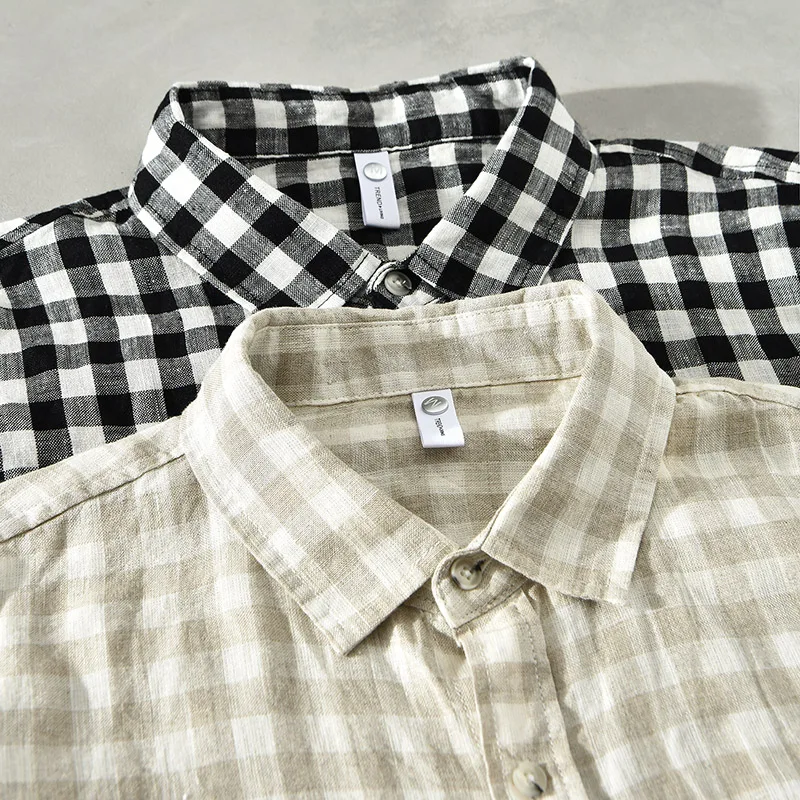 New Designer Pure Linen Short-sleeve Brand Plaid Shirts For Men Fashion Comfortable Plus Size Tops Clothing Camisa Masculina