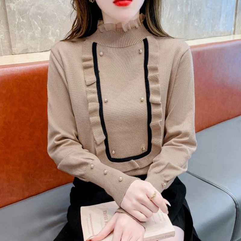 New Women Fashion Ruffle Beaded Chic Elegant Basic Knitted Sweater Autumn Winter Half High Collar Long Sleeve Slim Pullover Tops