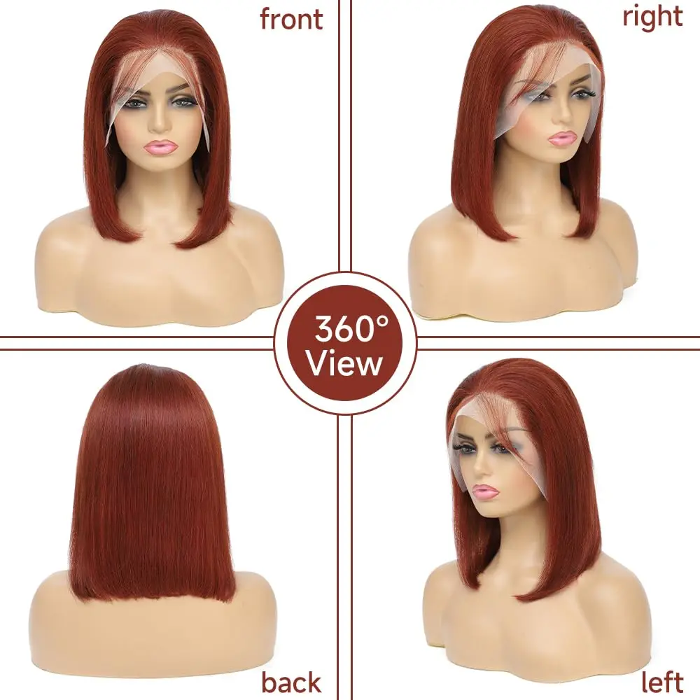 #33 Reddish Brown Straight Short Bob Lace Front Wigs Human Hair Brazilian Transparent 13x4 Lace Frontal Wig Colored Bob Wig