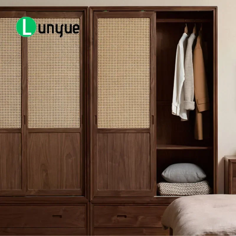 New Chinese Style Solid Wood Black Walnut Rattan Sliding Door Wardrobe Large Storage Cabinet for Bedroom Furniture Home Decor