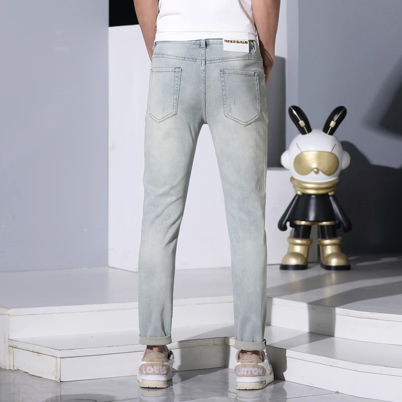 2024 Summer Thin Jeans Men's Fashion Rhinestone Design Stretch Slim Fit Skinny Casual Fashion Brand Light Blue Pants