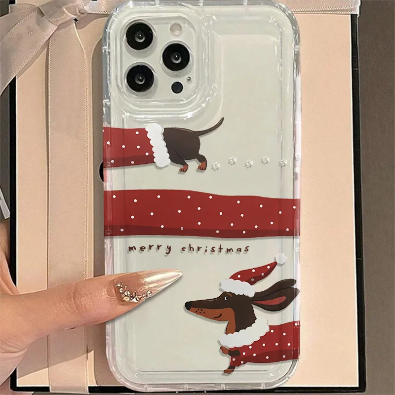 Cute Christmas Dachshund Santa Outfit Aesthetic Clear Phone Case for iPhone 17 16 15 14 13 12 11 Pro Max XS XR 7 8 Plus 16E