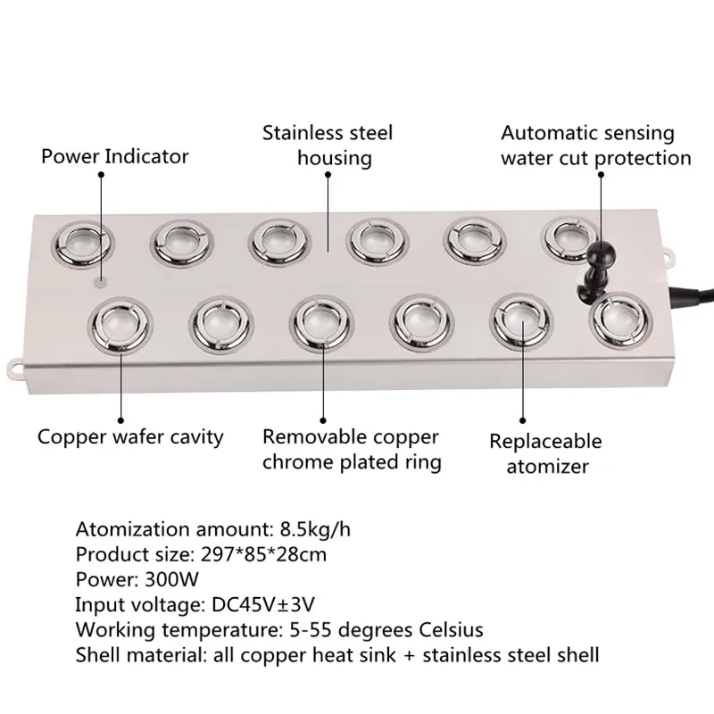 DC48V 12 Head Humidifier Ultrasonic Industrial Fogger Stainless Steel Mist Maker Without Power Supply